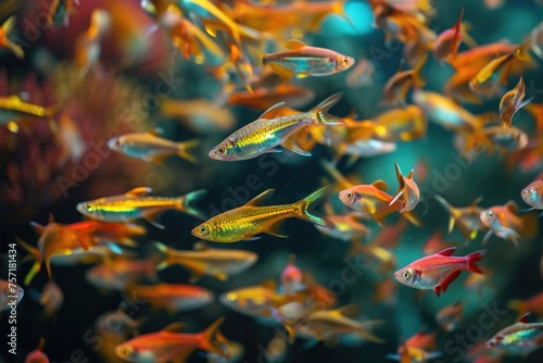 A mesmerizing sight of a diverse assortment of fish gracefully swimming together in an aquarium, A multi-colored school of tetras spiraling in synchronized movement, AI Generated