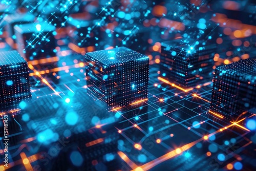 An intriguing photo capturing a group of cubes defying gravity as they hover in the air, A multi-dimensional perspective of data transfer in a blockchain, AI Generated