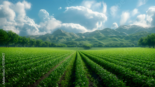 Green soybean field with mountains in the background. Agricultural landscape.