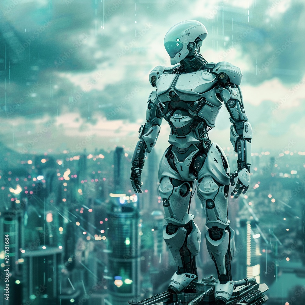 A futuristic robot standing tall in a digital world