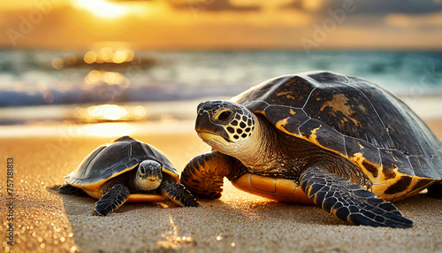 Close-up of an adult and newborn sea turtle on a sandy beach of a tropical island at sunset or sunrise. Generative Ai. photo