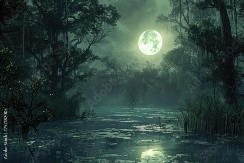 A serene swamp with a full moon in the background, creating a peaceful and enchanting night landscape, A mystical swamp bathed in moonlight, AI Generated