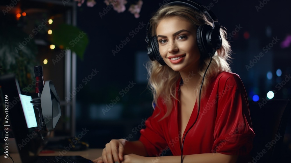 A smiling Young Professional Streamer, Gamer girl is live streaming, playing a video game. Cyber Sports, Cyberpunk, Online Championship, Esports, Hobby concepts. A smiling Young Professional Streamer, Gamer girl is live streaming, playing a video game. Cyber Sports, Cyberpunk, Online Championship, Esports, Hobby concepts.