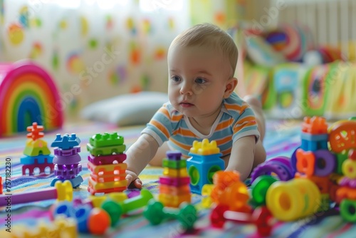 Baby boy playing colorful toys at home or nursery, Educational toys for preschool.