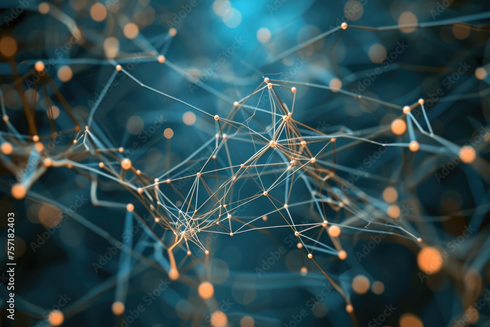 A vibrant close-up photo of a blue and yellow background, perfect for design and artwork projects, A neural network depicted as a complex, interconnected web, AI Generated A vibrant close-up photo of a blue and yellow background, perfect for design and artwork projects, A neural network depicted as a complex, interconnected web, AI Generated