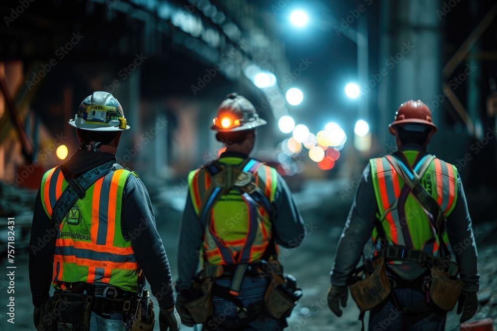 Three Construction Workers Walking Down a Street at Night, A night scene of construction workers wearing glow-in-the-dark safety vests, AI Generated Three Construction Workers Walking Down a Street at Night, A night scene of construction workers wearing glow-in-the-dark safety vests, AI Generated