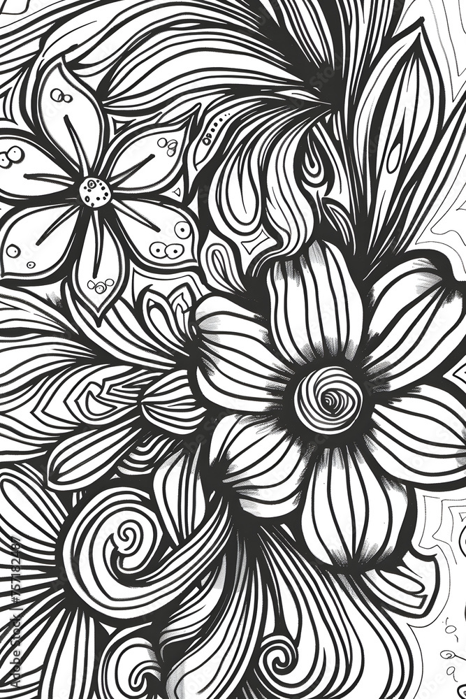 An artistic portrayal of floral motifs intertwined with swirling patterns in a classic black and white