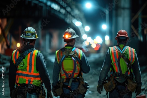Three Construction Workers Walking Down a Street at Night, A night scene of construction workers wearing glow-in-the-dark safety vests, AI Generated