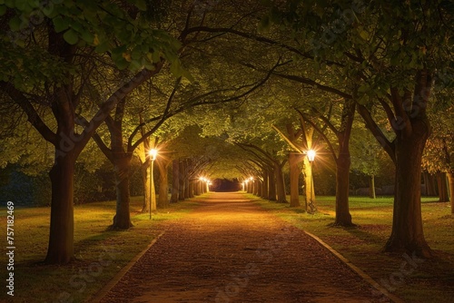 A captivating pathway adorned with tree-lined lights presents a breathtaking sight as darkness blankets the night  A night view of a tree passage beautifully illuminated in a park  AI Generated
