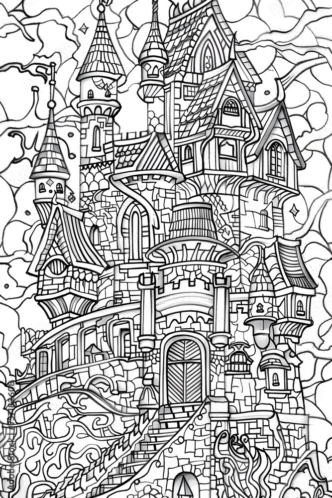 A bewitching black and white doodle of an elaborate fairytale castle, surrounded by mystery and fantasy elements