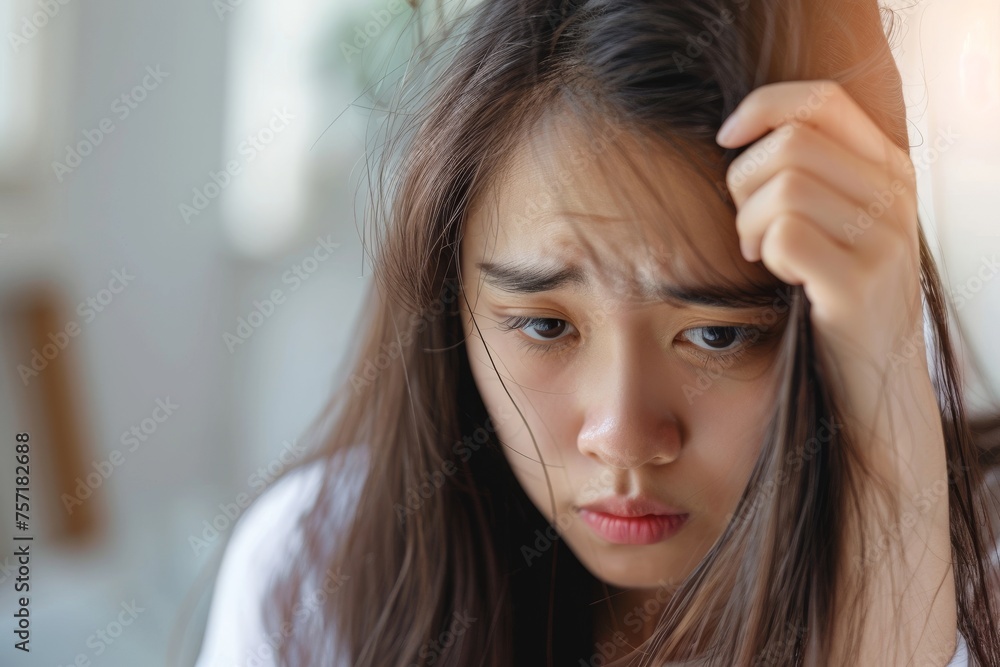 Asian women are worried about their damaged hair causing a lack of confidence. Hair loss treatment concept, damaged hair, beauty salon. Asian women are worried about their damaged hair causing a lack of confidence. Hair loss treatment concept, damaged hair, beauty salon.