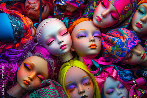 Compose an image with lead dolls seamlessly blending into a universe of lively hues