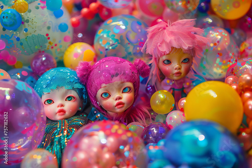 Compose an image with lead dolls seamlessly blending into a universe of lively hues