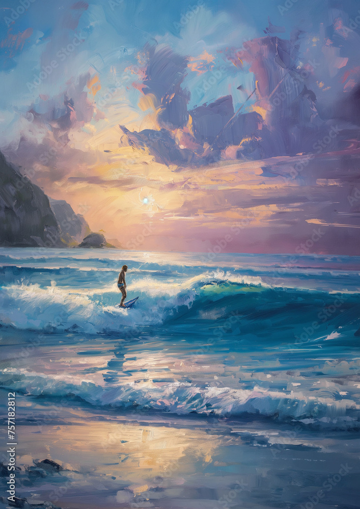 Serene Beach Scenes with Surfers Catching Waves in Oil Paint