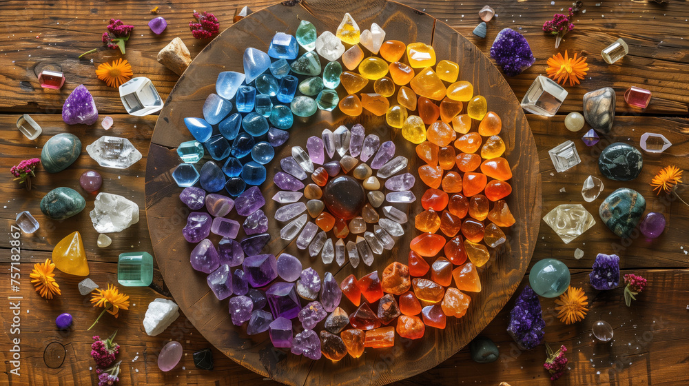 A stunning array of colorful healing crystals and gemstones meticulously arranged in a circular pattern on a rustic wooden surface, surrounded by natural elements.