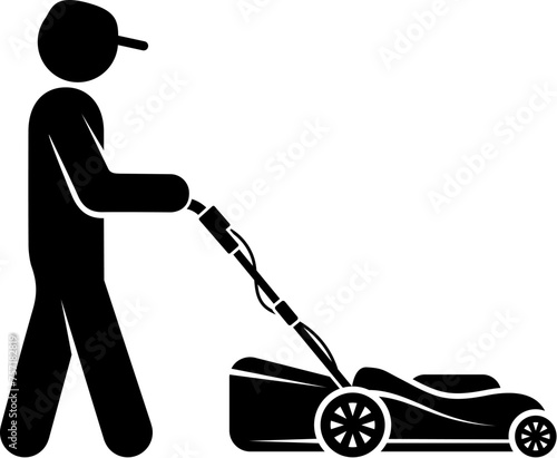 Silhouette of a lawn mower with a lawnmower in his hands