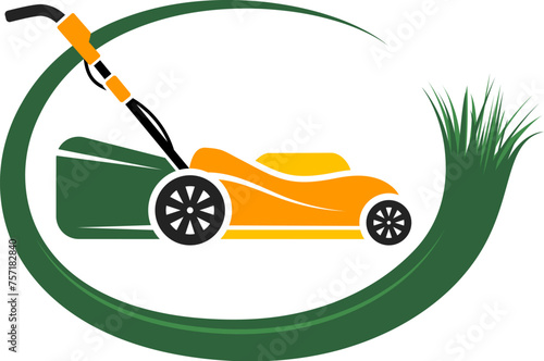 Yellow lawnmower and green grass. Symbol for lawn mower