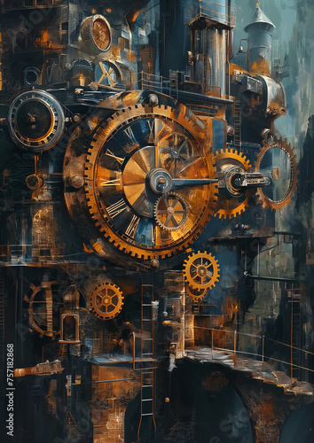 Steampunk Clockwork Mechanisms in Motion Oil Paint