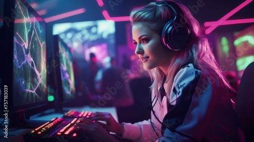 Smiling Young Professional Streamer, Gamer girl, teenager is live streaming, playing a video game with her online friends at a computer with neon pink lighting. Cyber Sports, Esports, Hobby concepts. photo