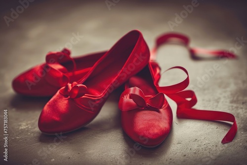 A pair of red ballet shoes with a red ribbon tied neatly, showcasing the elegance and grace of ballet, A pair of red ballet slippers with heart-shaped ribbons, AI Generated photo