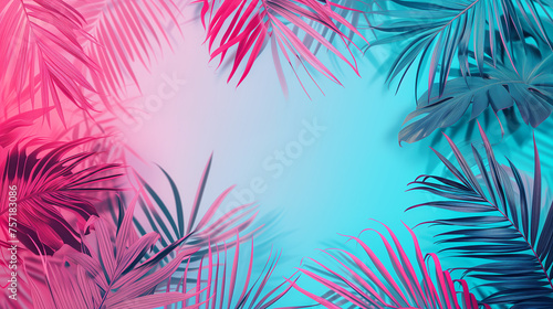 A colorful gradient background with tropical leaves