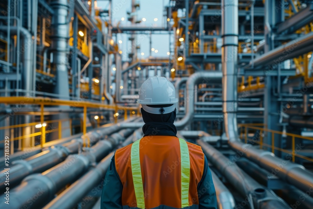 Back view of engineer wearing safety clothes and hardhat at Pipeline and pipe rack of petroleum, chemical, hydrogen industrial plant. Industrial zone ... See More Back view of engineer wearing safety clothes and hardhat at Pipeline and pipe rack of petroleum, chemical, hydrogen industrial plant. Industrial zone ... See More