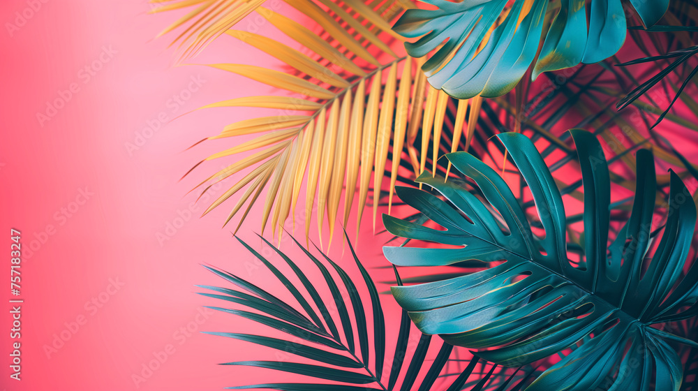 A colorful gradient background with tropical leaves A colorful gradient background with tropical leaves