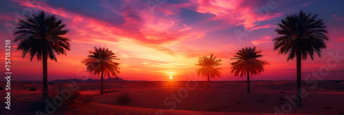 A dramatic sunset over a vast desert landscape  with silhouetted palm trees swaying in the warm breeze