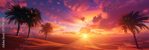 A dramatic sunset over a vast desert landscape  with silhouetted palm trees swaying in the warm breeze