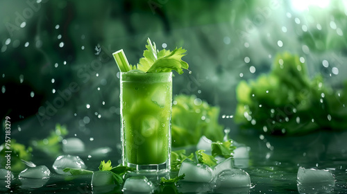 Celery juice commercial banner, copy space. Celery smoothie, green on green. Vibrant celery juice against green, lively and pure. Organic health and immune booster. Chilled celery cocktail with ice