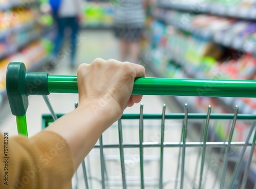women hand push shopping cart ,supermarket , abstract blurred photo of store with trolley in department store blurred background, retail and shopping mall business.