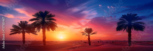 A dramatic sunset over a vast desert landscape, with silhouetted palm trees swaying in the warm breeze © thisisforyou