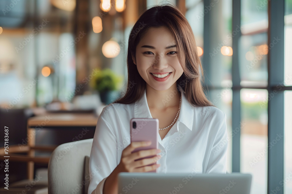 Young Asian Business Woman Smiling Mobile Phone