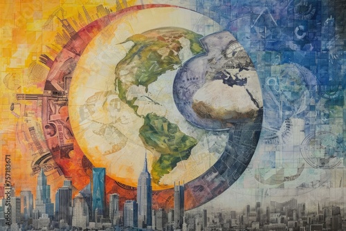 Painting of the Earth at the Heart of a Cityscape  A pastel depiction of the economic cycle  AI Generated