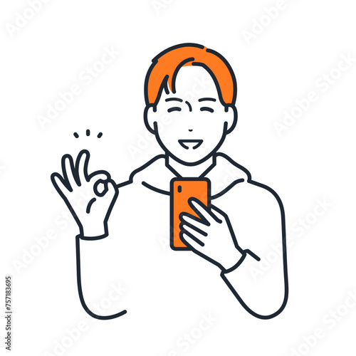 スマートフォンを持ってOKサインをするパーカーを着た若い男性のシンプルなベクターイラスト素材