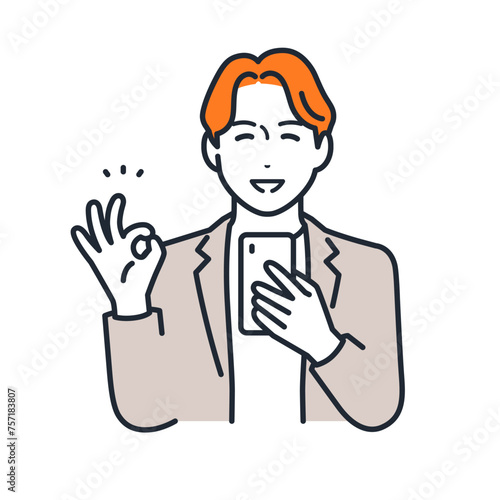 スマートフォンを持ってOKサインをするビジネスパーソンのシンプルなベクターイラスト素材