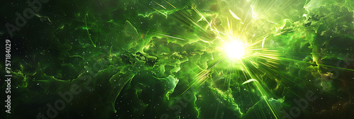 A dynamic composition featuring an explosion of vibrant green light bursting forth against a dark background, symbolizing growth, vitality, and energy