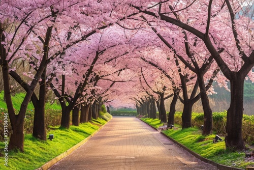 A road stretches through a landscape adorned with pink flowers and trees, creating a picturesque and colorful scene, A peaceful alley of cherry blossom trees in a lush green park, AI Generated