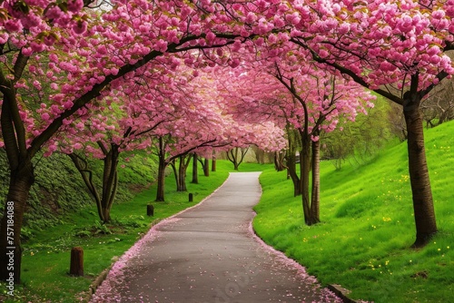 A well-maintained pathway in a park is bordered by vibrant pink flowers, A peaceful alley of cherry blossom trees in a lush green park, AI Generated