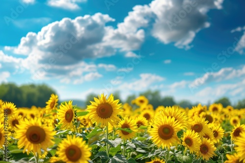 A field of bright yellow sunflowers standing tall and vibrant under a dramatic cloudy blue sky, A peaceful meadow flooded with dazzling sunflowers under a bright blue sky, AI Generated