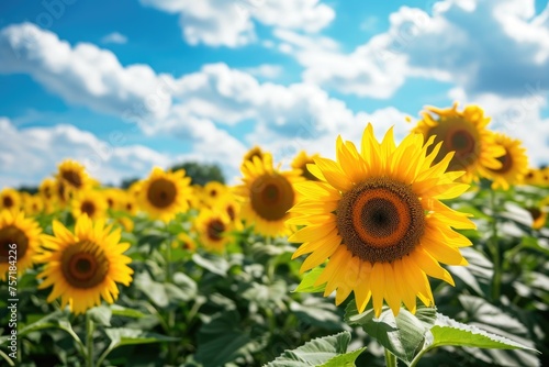 A photo featuring a vast field filled with vibrant yellow sunflowers against a backdrop of a clear blue sky  A peaceful meadow flooded with dazzling sunflowers under a bright blue sky  AI Generated