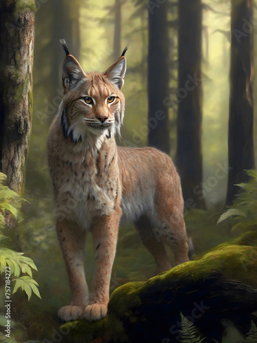 Lynx Scouting For Food In The Forest, Oil Paint Style