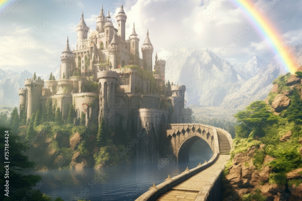 Fototapeta premium A mystical castle with a rainbow bridge connecting it to a distant mountain range