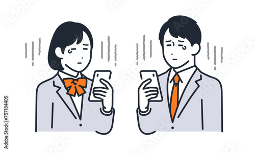 スマートフォンを見て落ち込む学生のシンプルなベクターイラストセット素材