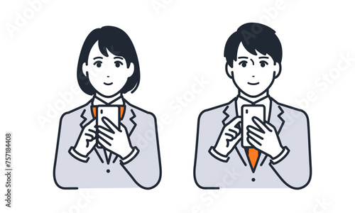 スマートフォンを活用して勉強する学生のシンプルなベクターイラストセット素材