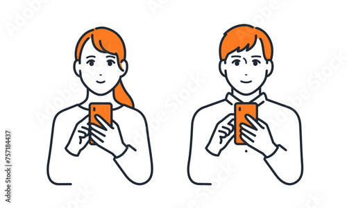 笑顔でスマートフォンを操作する若い男女のシンプルなベクターイラストセット素材