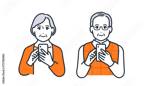 笑顔でスマートフォンを操作するシニア夫婦のシンプルなベクターイラストセット素材