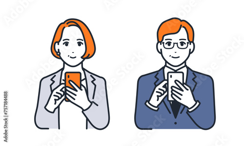 笑顔でスマートフォンを操作するミドル男女のシンプルなベクターイラストセット素材