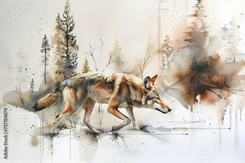 gray wolf in the winter forest, animal in nature, wildlife,  illustration of photorealistic animals on a watercolor background, for national park, zoo, reserve, prints, posters, book, stationery