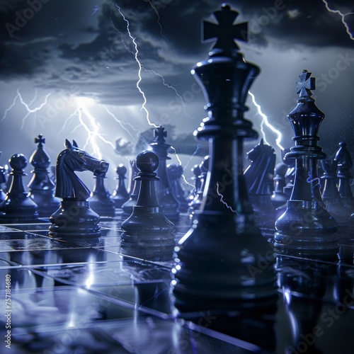 A strategic tempest alloy chess pieces beneath the roar of thunderclaps a board where storms are born